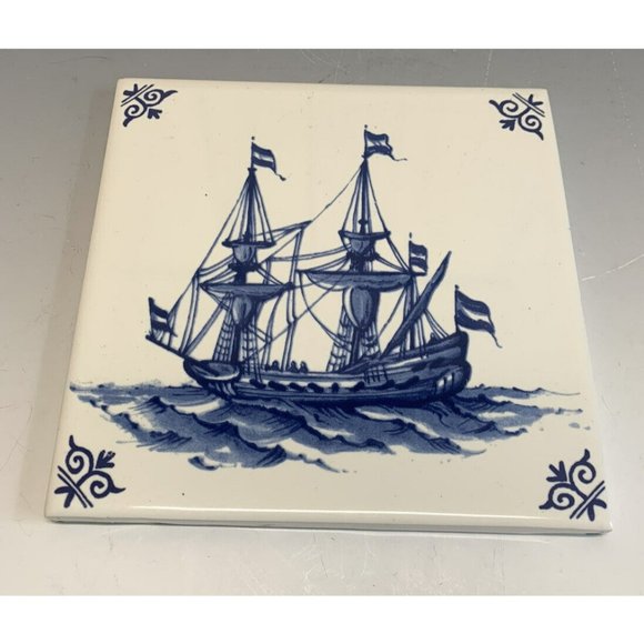 delft Other - Vtg Delft Blue And White Westraven Holland Two Mast Clipper Ship Ceramic Tile